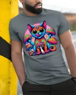 Psychedelic Cat T-Shirt with Colorful Art - model leaning on yellow-black pole, wearing Gray T-shirt, hand in pocket