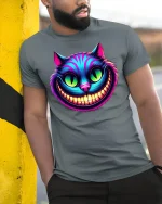 Trippy Grinning Cat T-Shirt - model leaning on yellow-black pole, wearing Gray T-shirt, hand in pocket