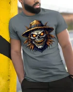 Evil Scarecrow Skull T-Shirt - model leaning on yellow-black pole, wearing Gray T-shirt, hand in pocket