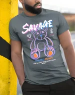 Savage Hustle Money Bear Graphic Tee - model leaning on yellow-black pole, wearing Gray T-shirt, hand in pocket
