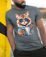 Stylish Cat Graphic T-Shirt - model leaning on yellow-black pole, wearing Gray T-shirt, hand in pocket