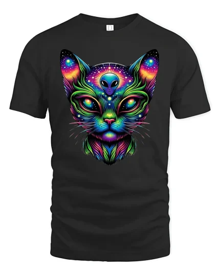 Alien Cat Cosmic Glow T-Shirt - black t-shirt on white background