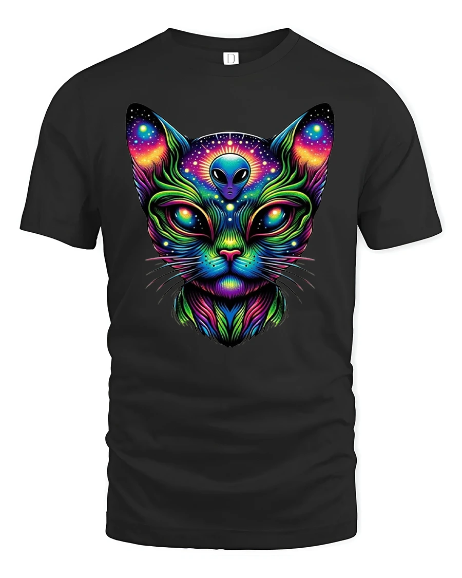 Alien Cat Cosmic Glow T-Shirt - 1 Alien Cat Cosmic Glow T-Shirt - black t-shirt on white background