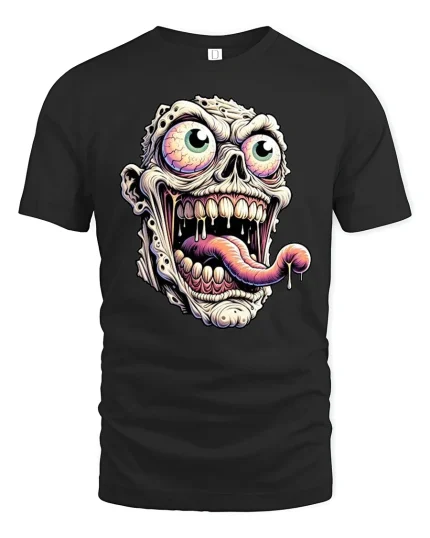 Creepy Zombie Face Tongue Out T-Shirt - black t-shirt on white background