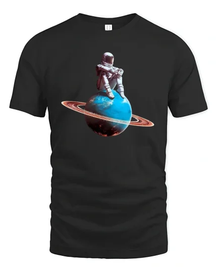 Astronaut Sitting on Planet T-Shirt - black t-shirt on white background