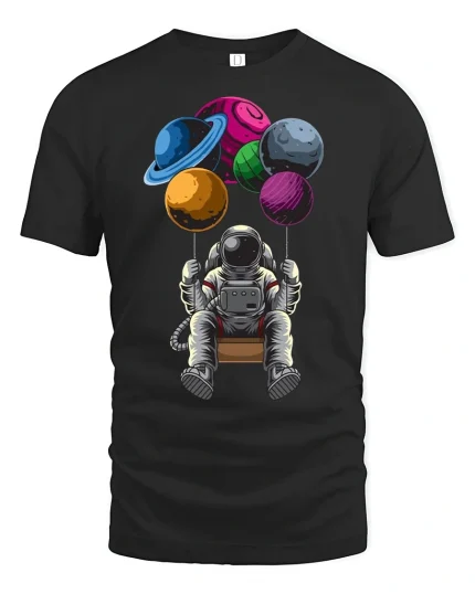 Astronaut Planet Balloons Graphic Tee - black t-shirt on white background