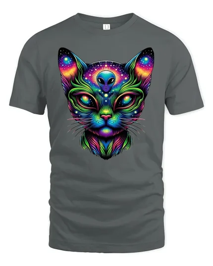 Alien Cat Cosmic Glow T-Shirt - gray t-shirt on white background