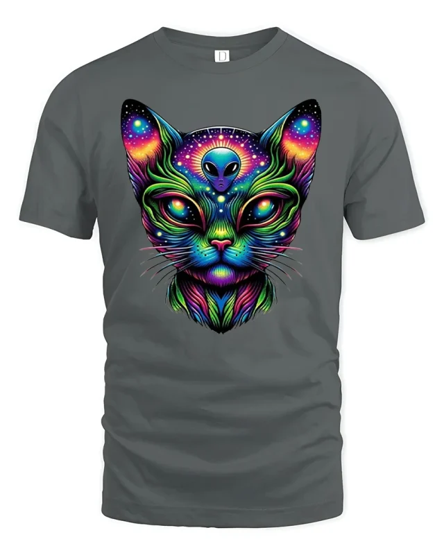 Alien Cat Cosmic Glow T-Shirt - gray t-shirt on white background
