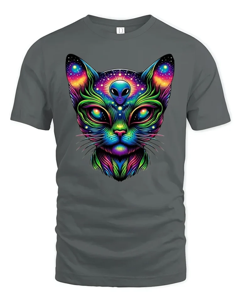 Alien Cat Cosmic Glow T-Shirt - gray t-shirt on white background