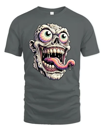 Creepy Zombie Face Tongue Out T-Shirt - gray t-shirt on white background