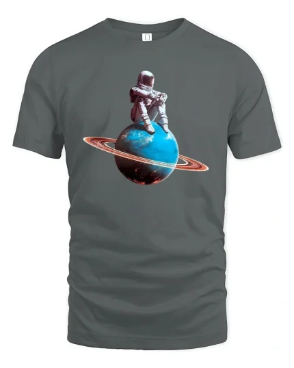 Astronaut Sitting on Planet T-Shirt - gray t-shirt on white background