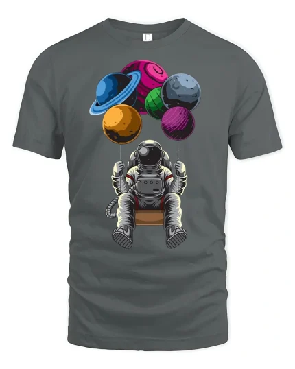 Astronaut Planet Balloons Graphic Tee - gray t-shirt on white background