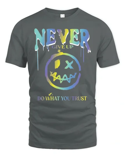Never Give Up Motivational Graphic Tee - gray t-shirt on white background