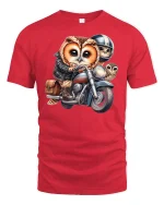 Cool Biker Owl T-Shirt - red t-shirt on white background