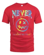 Never Give Up Motivational Graphic Tee - red t-shirt on white background