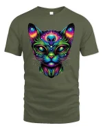 Alien Cat Cosmic Glow T-Shirt - military green t-shirt on white background