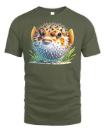 Funny Pufferfish T-Shirt Cute Ocean Animal - military green t-shirt on white background