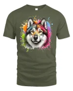 Colorful Wolf T-Shirt Artistic Wild Animal - military green t-shirt on white background