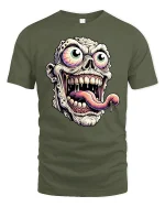 Creepy Zombie Face Tongue Out T-Shirt - military green t-shirt on white background