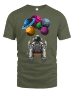 Astronaut Planet Balloons Graphic Tee - military green t-shirt on white background