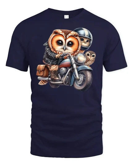 Cool Biker Owl T-Shirt - navy t-shirt on white background