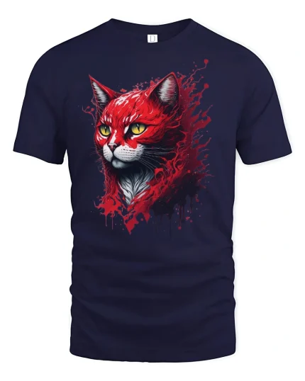 Red Flame Cat T-Shirt - navy t-shirt on white background