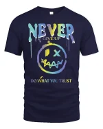 Never Give Up Motivational Graphic Tee - navy t-shirt on white background