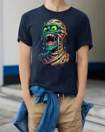 Crazy Zombie Face T-Shirt - model wearing Navy T-shirt, hands in pockets, denim shirt at waist
