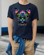Alien Cat Cosmic Glow T-Shirt - model wearing Navy T-shirt, hands in pockets, denim shirt at waist
