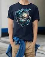 Adventure Compass T-Shirt - model wearing Navy T-shirt, hands in pockets, denim shirt at waist
