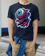 Cyclops Monster T-Shirt - model wearing Navy T-shirt, hands in pockets, denim shirt at waist