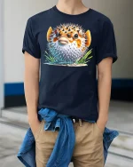 Funny Pufferfish T-Shirt Cute Ocean Animal - model wearing Navy T-shirt, hands in pockets, denim shirt at waist