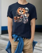 Cool Biker Owl T-Shirt - model wearing Navy T-shirt, hands in pockets, denim shirt at waist