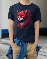 Red Flame Cat T-Shirt - model wearing Navy T-shirt, hands in pockets, denim shirt at waist