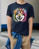 Colorful Wolf T-Shirt Artistic Wild Animal - model wearing Navy T-shirt, hands in pockets, denim shirt at waist