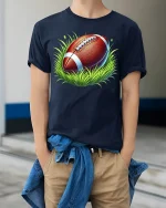 American Football T-Shirt - model wearing Navy T-shirt, hands in pockets, denim shirt at waist