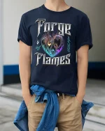 Forge of Flames Heart Tee - model wearing Navy T-shirt, hands in pockets, denim shirt at waist