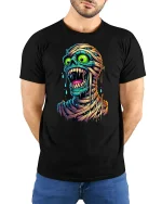Crazy Zombie Face T-Shirt - model with hands behind back, wearing Black T-shirt and blue jeans
