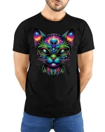 Alien Cat Cosmic Glow T-Shirt - model with hands behind back, wearing Black T-shirt and blue jeans