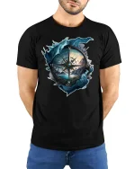 Adventure Compass T-Shirt - model with hands behind back, wearing Black T-shirt and blue jeans
