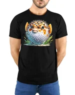 Funny Pufferfish T-Shirt Cute Ocean Animal - model with hands behind back, wearing Black T-shirt and blue jeans