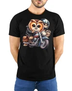 Cool Biker Owl T-Shirt - model with hands behind back, wearing Black T-shirt and blue jeans
