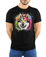 Colorful Wolf T-Shirt Artistic Wild Animal - model with hands behind back, wearing Black T-shirt and blue jeans