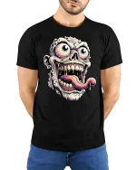 Creepy Zombie Face Tongue Out T-Shirt - model with hands behind back, wearing Black T-shirt and blue jeans
