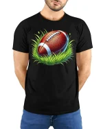 American Football T-Shirt - model with hands behind back, wearing Black T-shirt and blue jeans