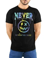 Never Give Up Motivational Graphic Tee - model with hands behind back, wearing Black T-shirt and blue jeans