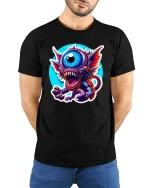 Crazy One Eyed Monster Graphic Tee - model with hands behind back, wearing Black T-shirt and blue jeans