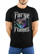 Forge of Flames Heart Tee - model with hands behind back, wearing Black T-shirt and blue jeans