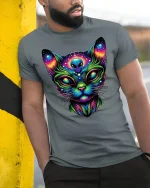 Alien Cat Cosmic Glow T-Shirt - model leaning on yellow-black pole, wearing Gray T-shirt, hand in pocket