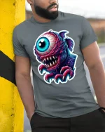 Cyclops Monster T-Shirt - model leaning on yellow-black pole, wearing Gray T-shirt, hand in pocket